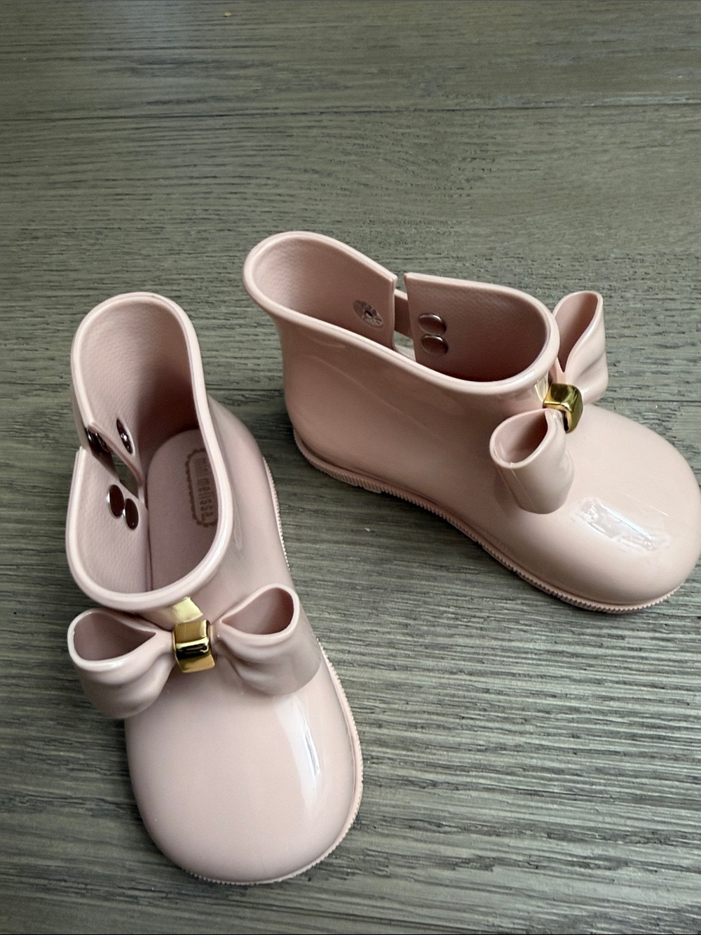Mini Melissa Pale Pink “Sugar” Bow Rain Boots with Gold Accent